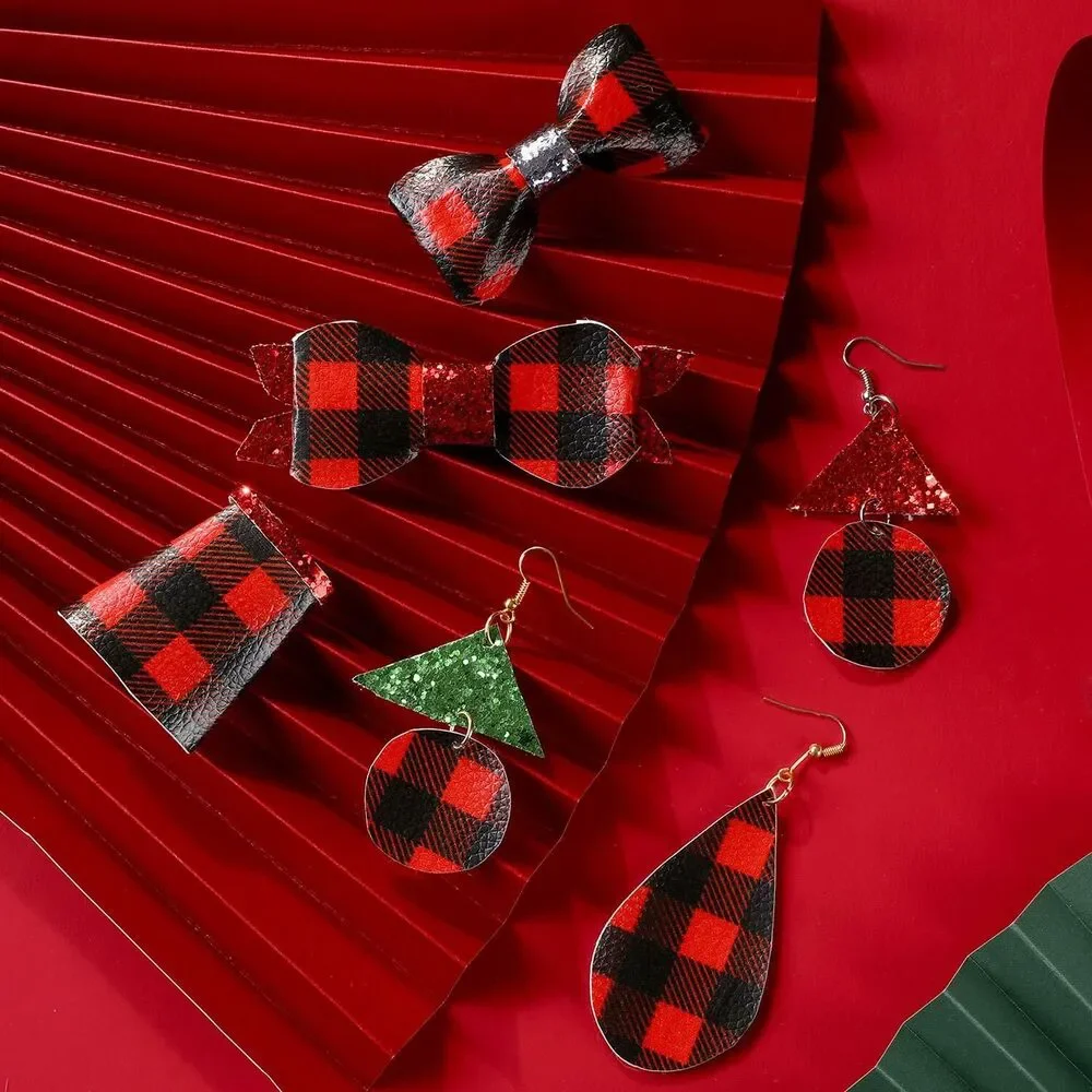 16-Piece Red Black Plaid Faux Leather Sheets with 140 Pieces Earring Hooks